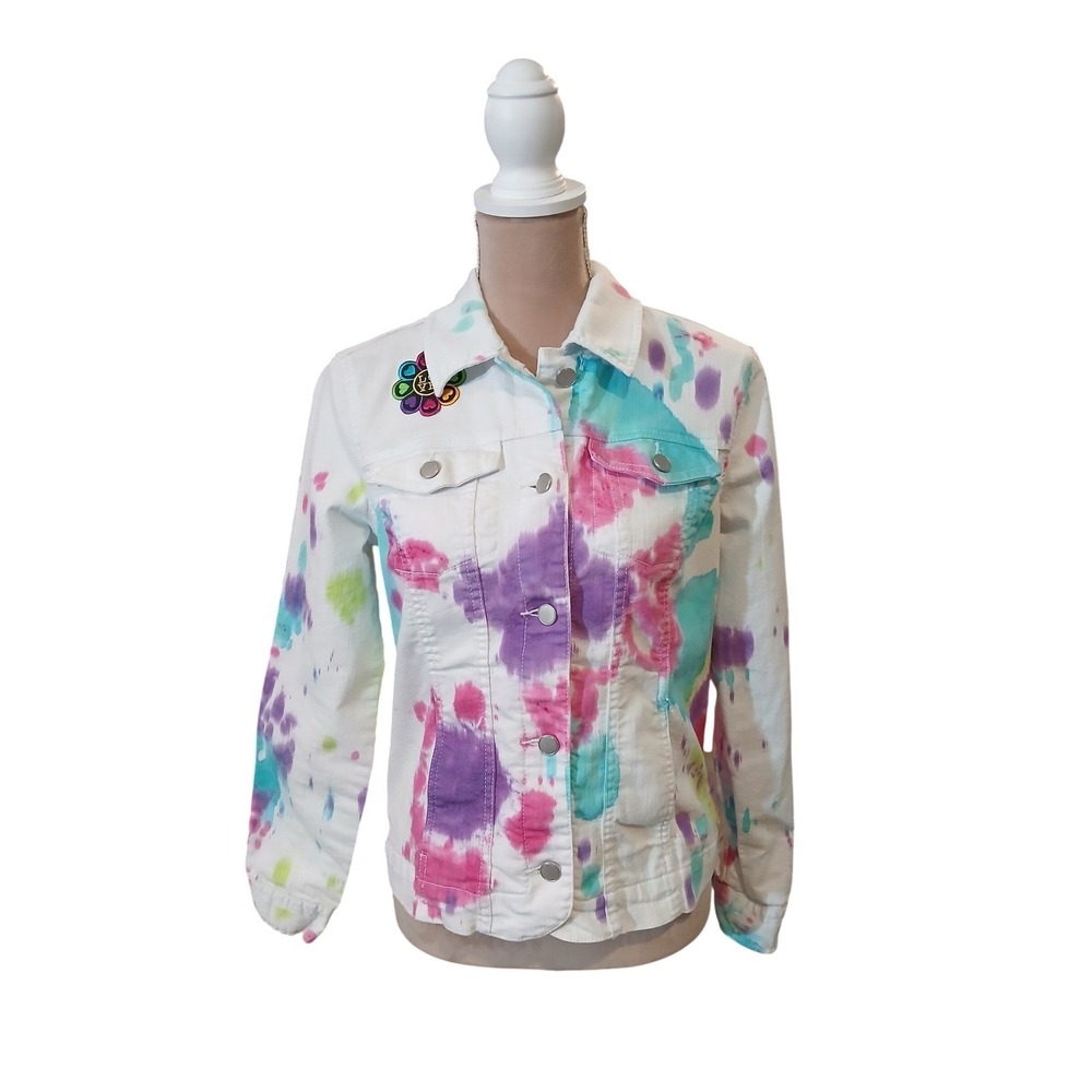 Croft & Barrow Womens White Tie Dye Denim Jacket with LOVE Patch Size XS